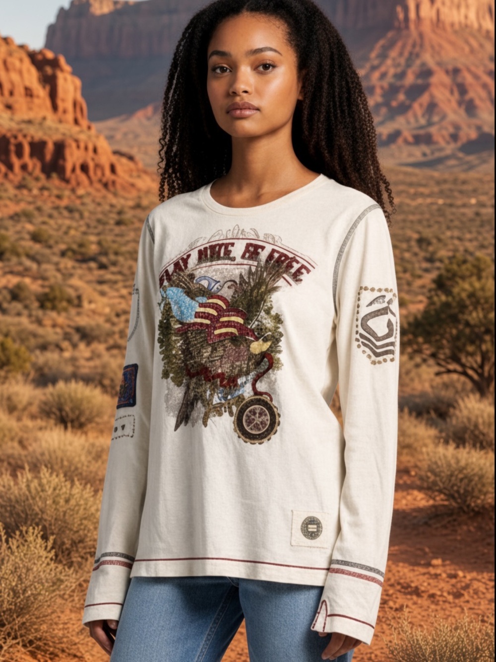 Double D Ranch embroidered play nice be free American flag Eagle top RTL $235 L